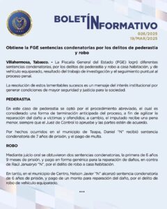 FGE Obtiene Sentencias Condenatorias por Pederastia y Robo 