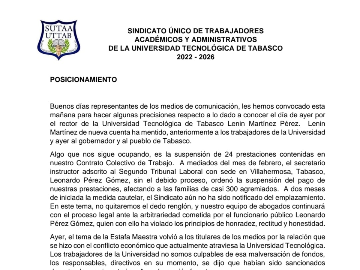 Solicitan destitución del rector de la Universidad Tecnológica; SUTAAUTTAB